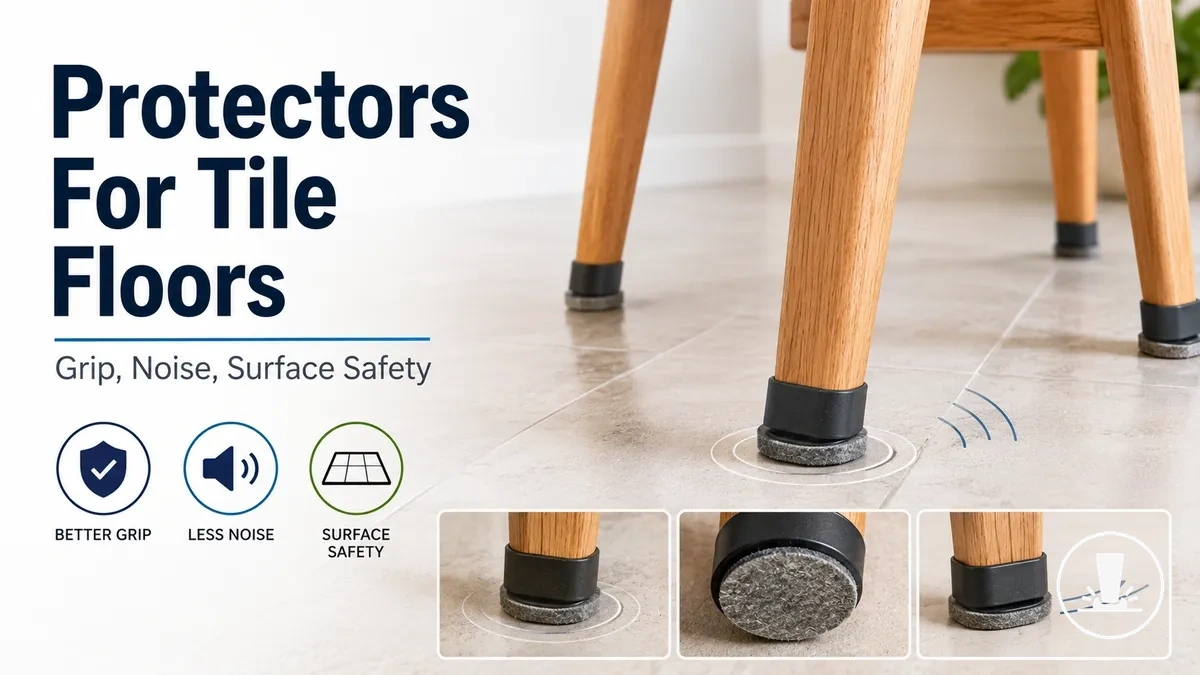 Furniture floor protectors under chair legs on a tile floor with grip and noise-control cues.