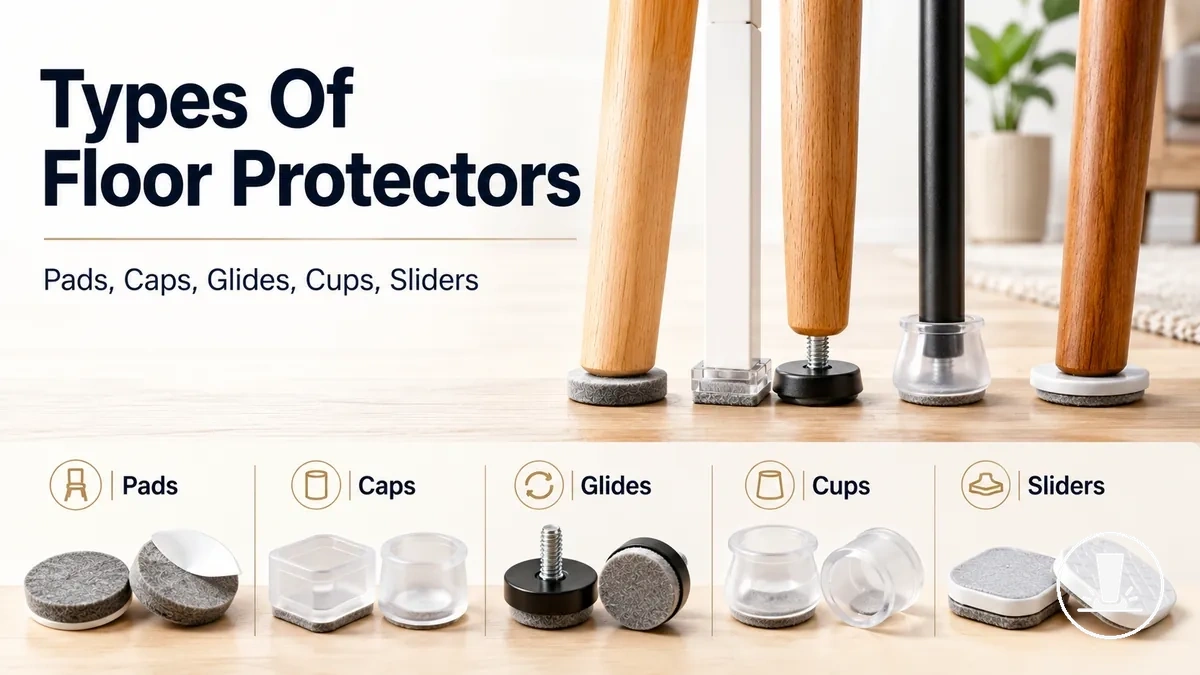 Different types of furniture floor protectors including pads, caps, glides, cups, and sliders.