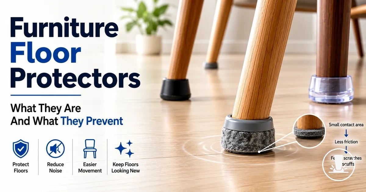 Furniture floor protectors placed under chair and table legs to reduce floor contact damage.