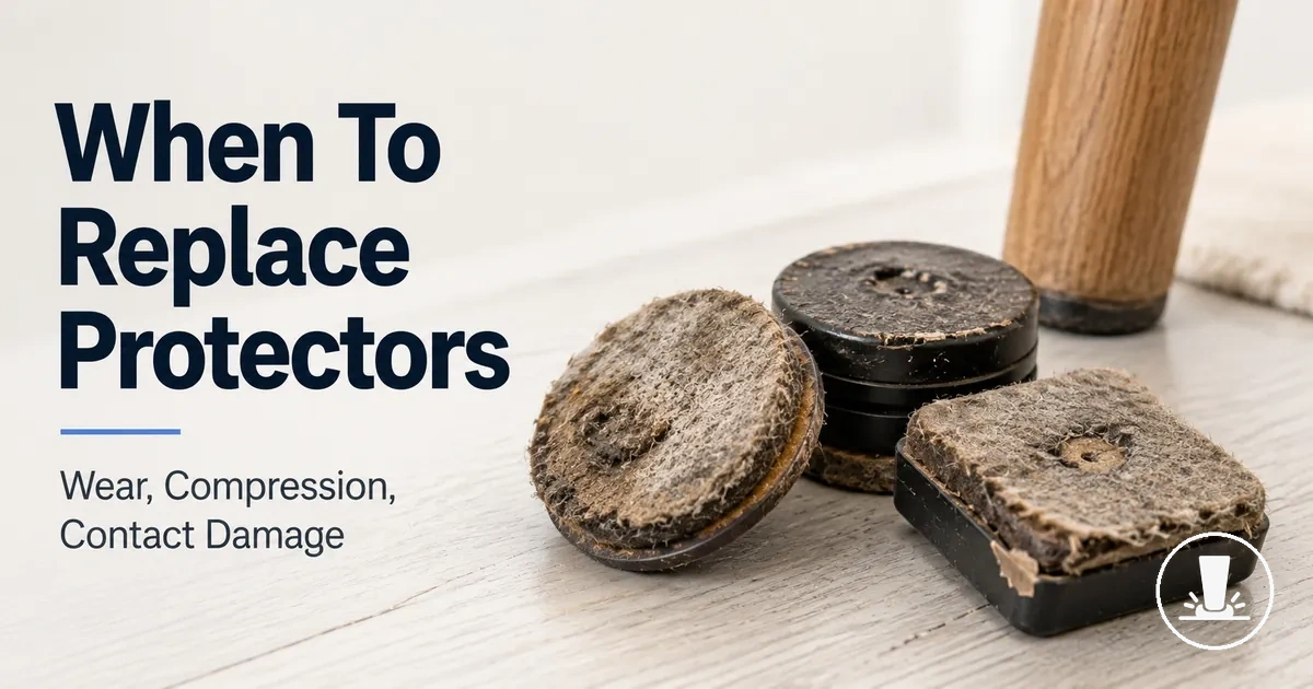 Worn furniture floor protectors showing compressed felt and damaged contact surfaces ready for replacement.