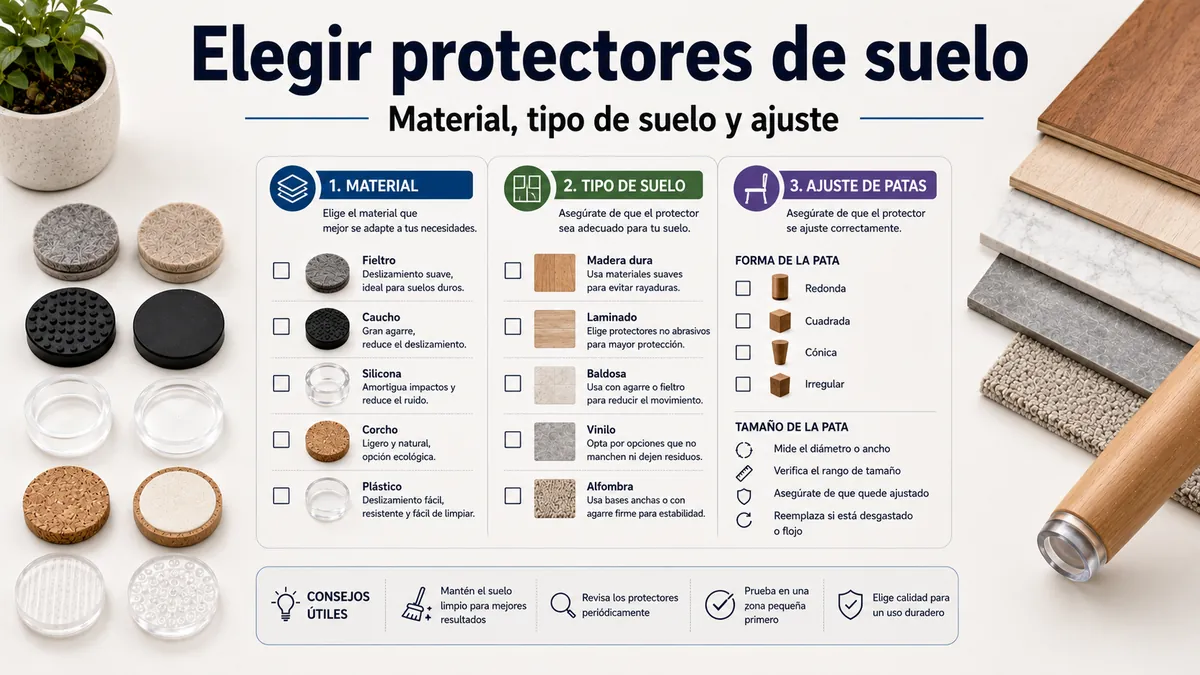 Lista de selección para elegir protectores de suelo para muebles por material, tipo de suelo y ajuste de la pata.