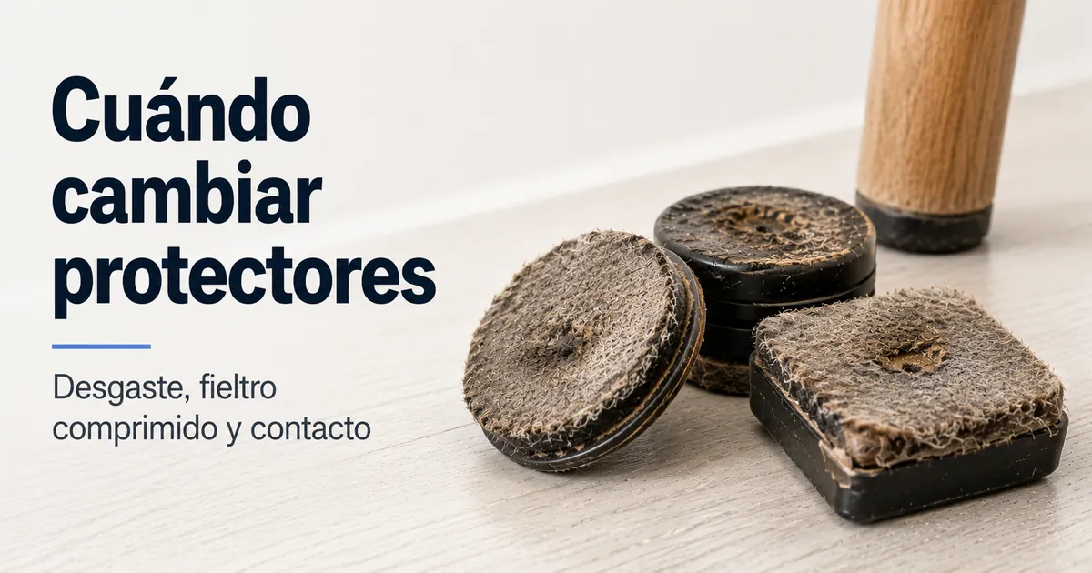 Protectores de suelo para muebles desgastados, con fieltro comprimido y superficies de contacto dañadas.