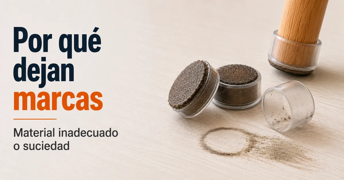 Protectores de suelo para muebles y marcas visibles causadas por material inadecuado o acumulación de suciedad.