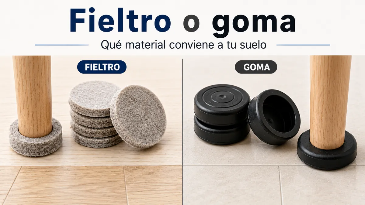 Protectores de suelo de fieltro y goma para muebles mostrados lado a lado para comparar materiales.