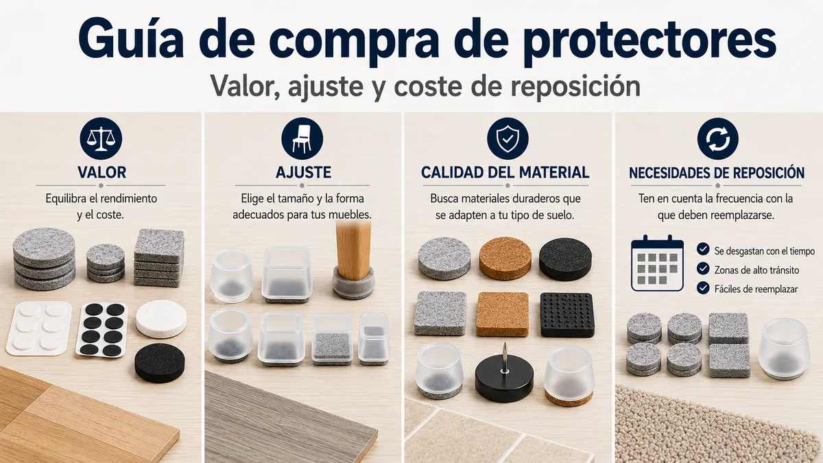Protectores de suelo para muebles organizados por valor, ajuste, calidad del material y necesidades de reposición.