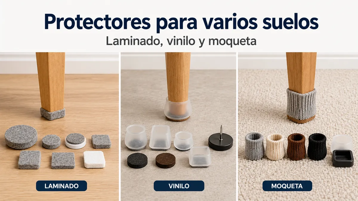 Protectores de suelo para muebles mostrados sobre superficies laminadas, vinílicas y de moqueta.