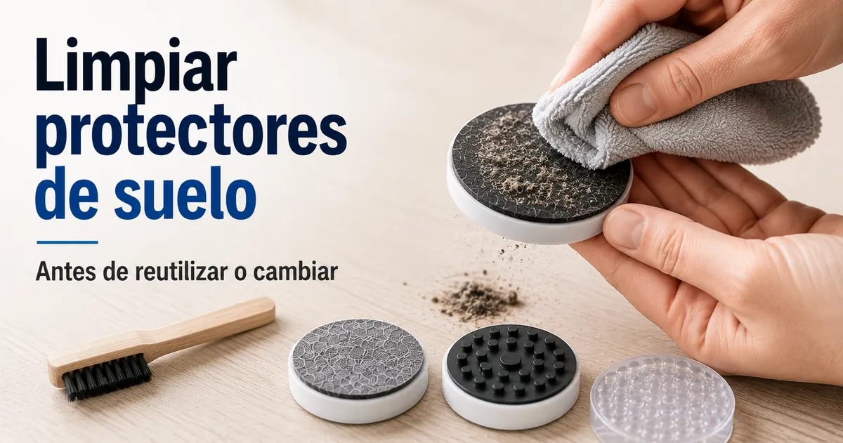 Limpieza de polvo y suciedad en protectores de suelo para muebles antes de reutilizarlos o cambiarlos.