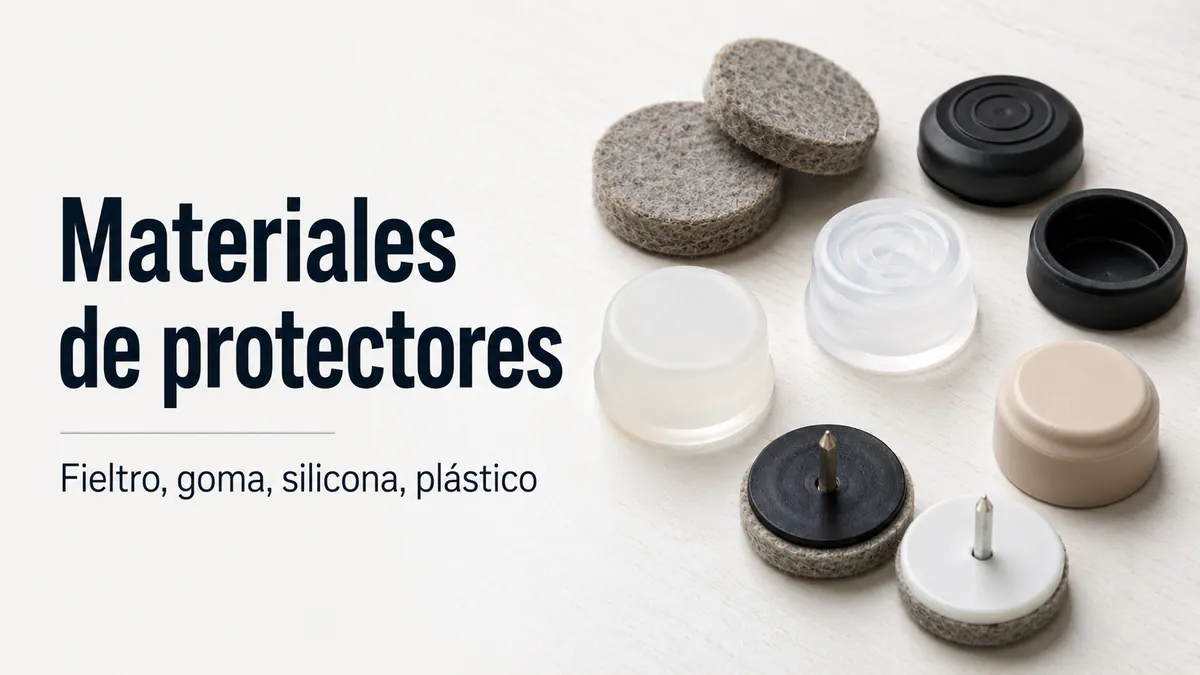 Primer plano de protectores de suelo para muebles de fieltro, goma, silicona, plástico y tipo deslizador.