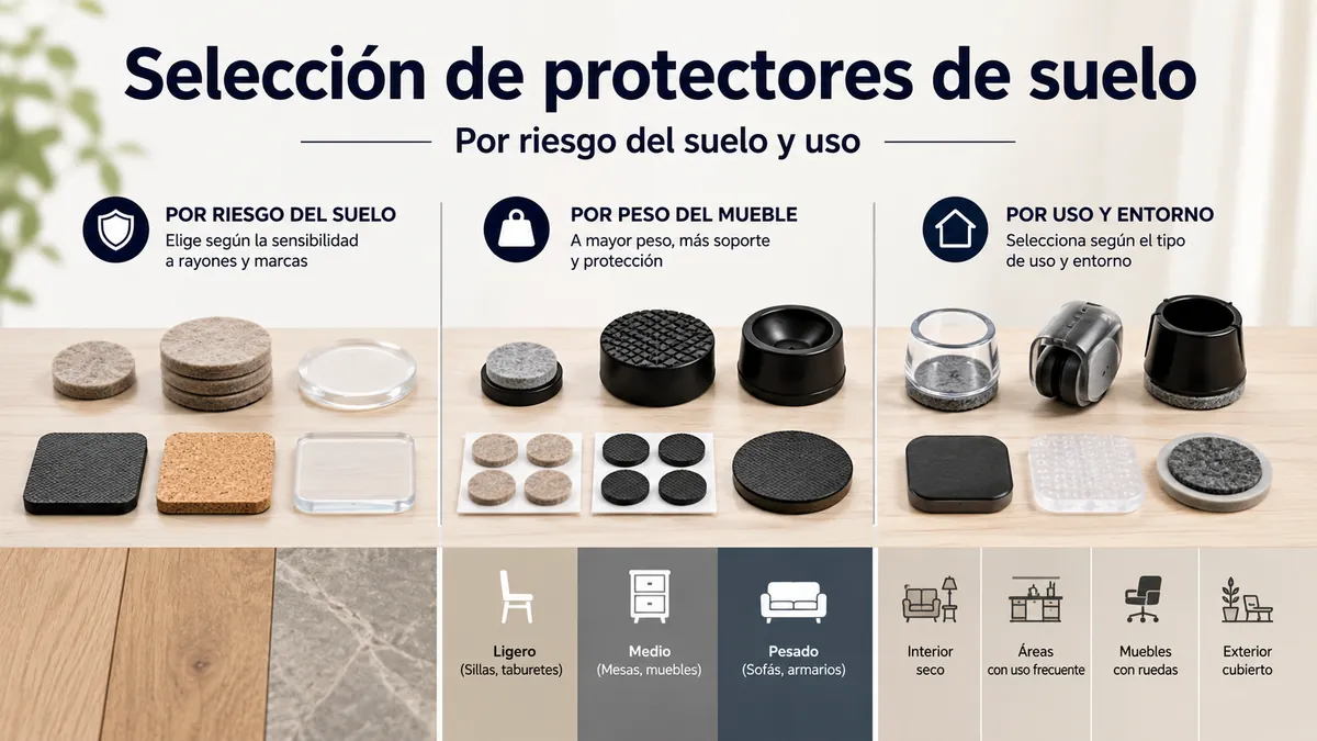 Opciones de protectores de suelo para muebles agrupadas por riesgo del suelo, peso del mueble y uso.