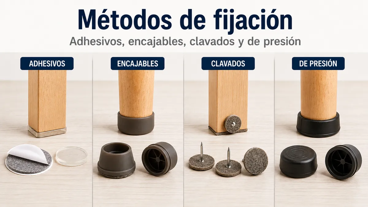 Protectores de suelo para muebles adhesivos, encajables, clavados y de presión mostrados por método de fijación.