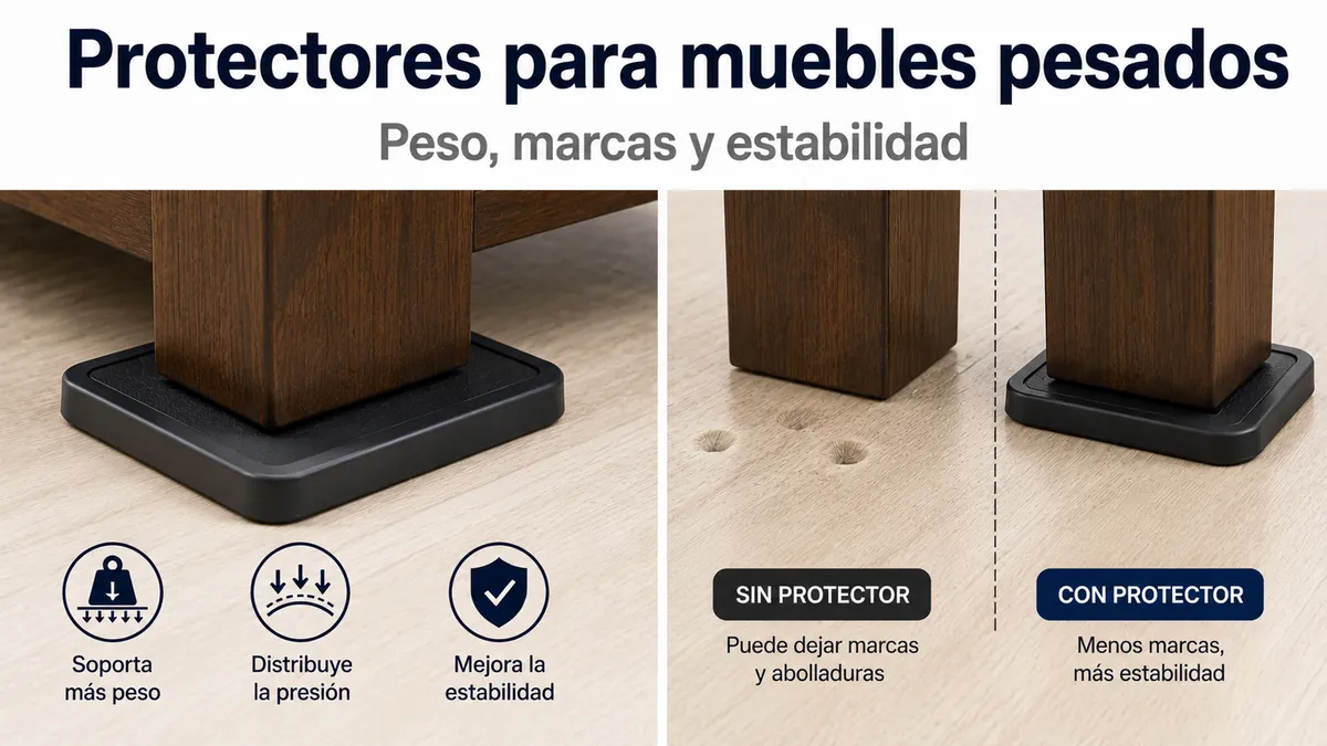 Protectores de suelo para muebles pesados colocados bajo patas anchas para reducir marcas y mejorar la estabilidad.