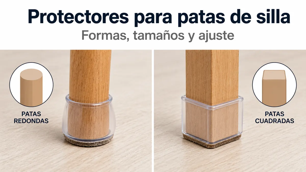 Protectores de suelo para patas de silla ajustados a patas redondas y cuadradas.