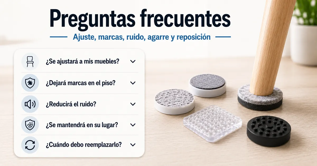 Preguntas sobre protectores de suelo para muebles relacionadas con ajuste, marcas, ruido, agarre y reposición.
