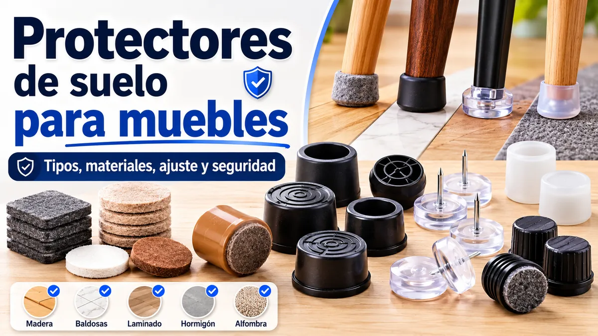 Varios protectores de suelo para muebles con almohadillas, tapas, deslizadores y materiales de contacto.