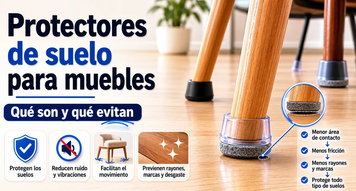 Protectores de suelo colocados bajo patas de sillas y mesas para reducir el contacto con el suelo.