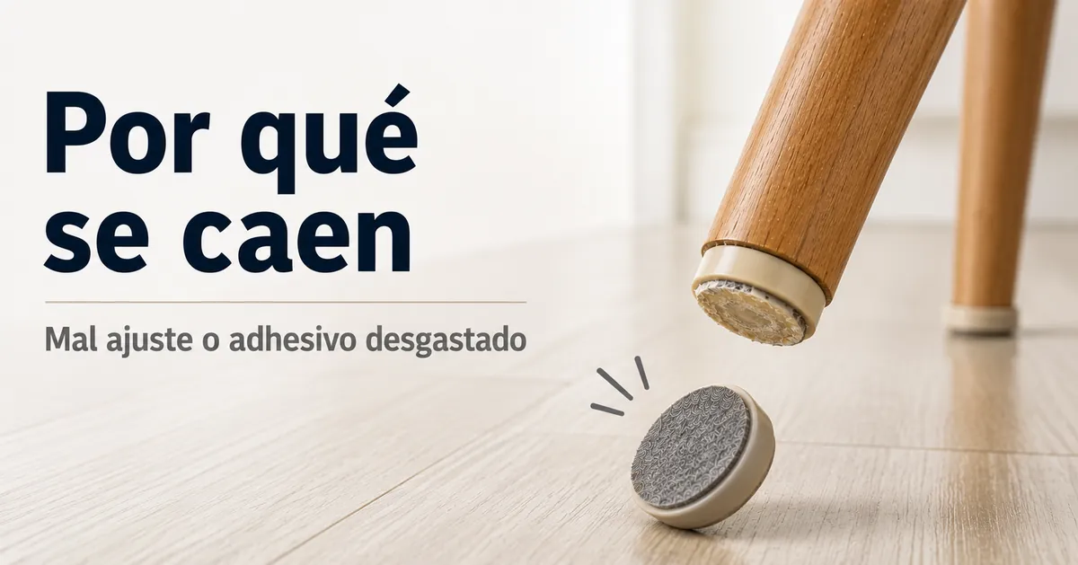 Protector de suelo suelto que se desprende de una pata de silla por mal ajuste o adhesivo desgastado.