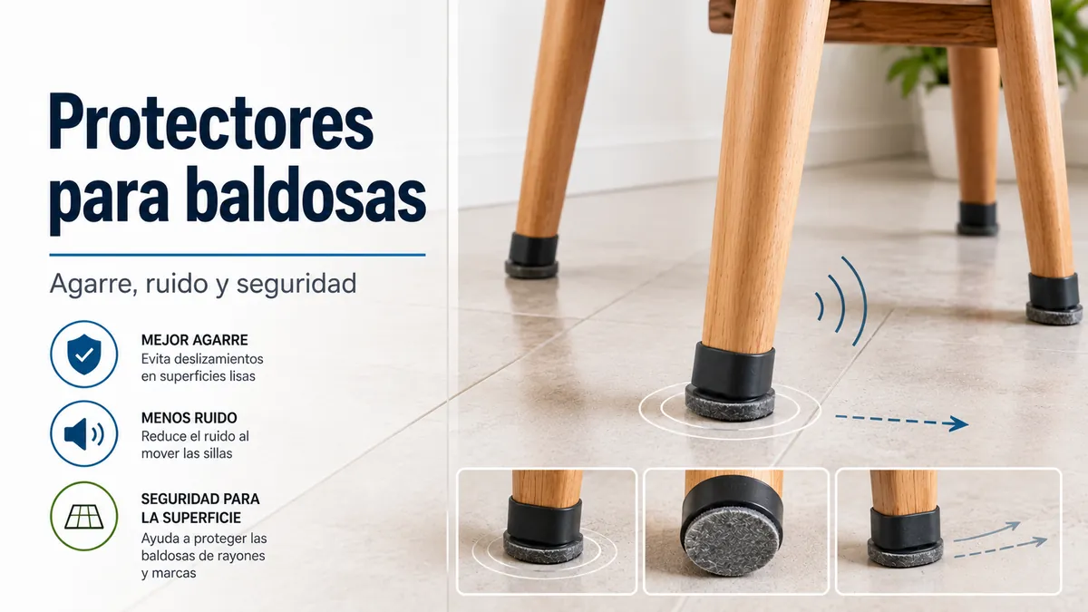 Protectores de suelo bajo patas de silla sobre baldosas, con foco en agarre y reducción de ruido.