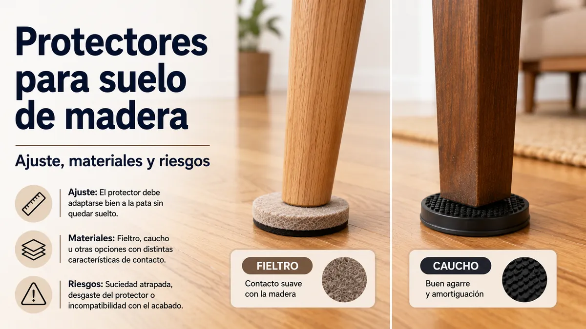 Protectores de suelo para muebles colocados bajo patas de muebles sobre una superficie de madera.