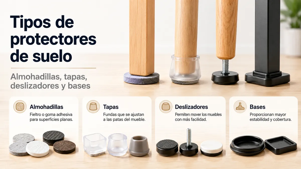 Diferentes tipos de protectores de suelo para muebles, como almohadillas, tapas, deslizadores y bases.