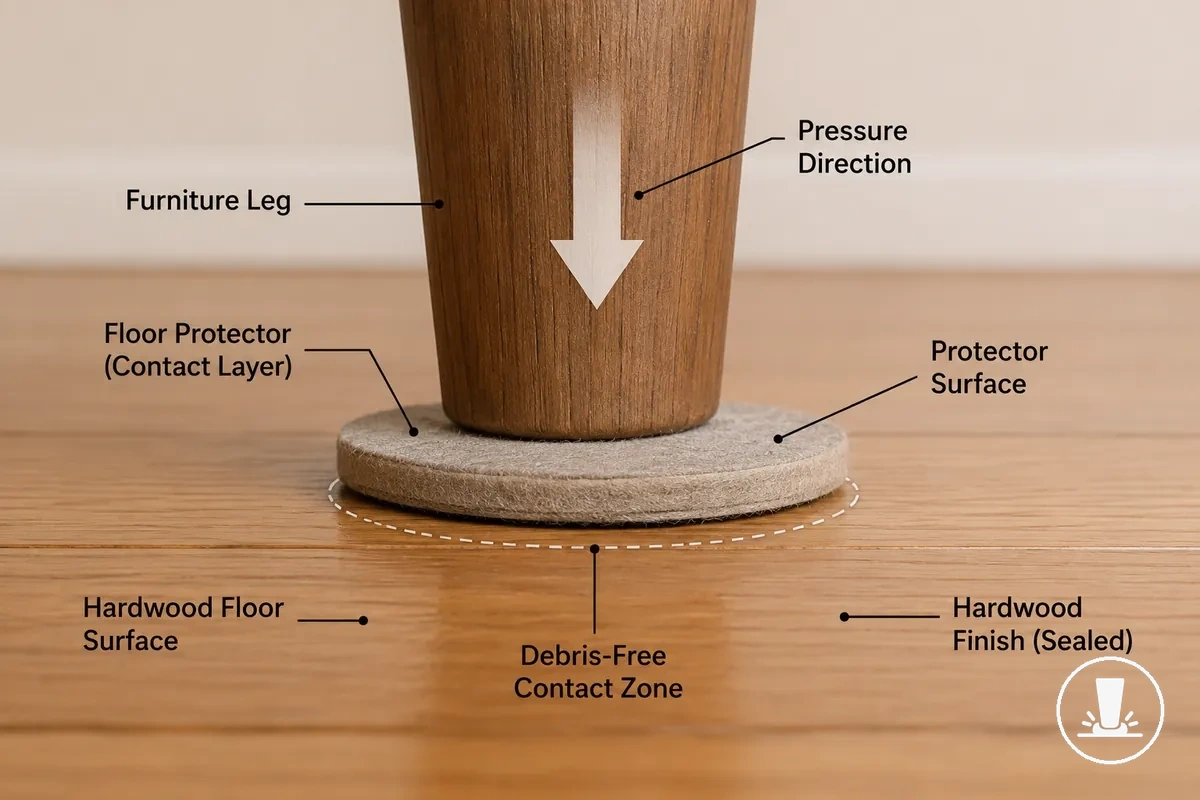 Diagrama que muestra una pata de mueble, un protector de suelo y la capa de contacto del suelo de madera