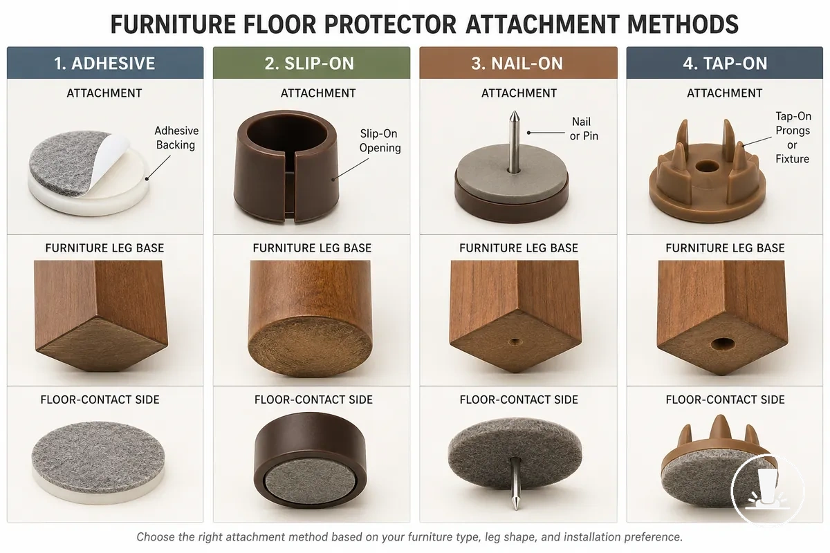 Métodos adhesivo, encajable, clavable y a presión para protectores de muebles mostrados uno al lado del otro