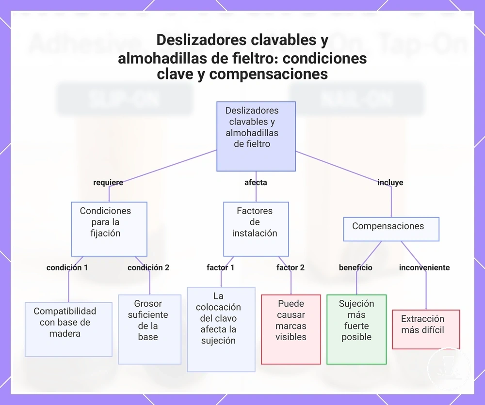 Deslizadores clavables y almohadillas de fieltro: condiciones clave y compensaciones