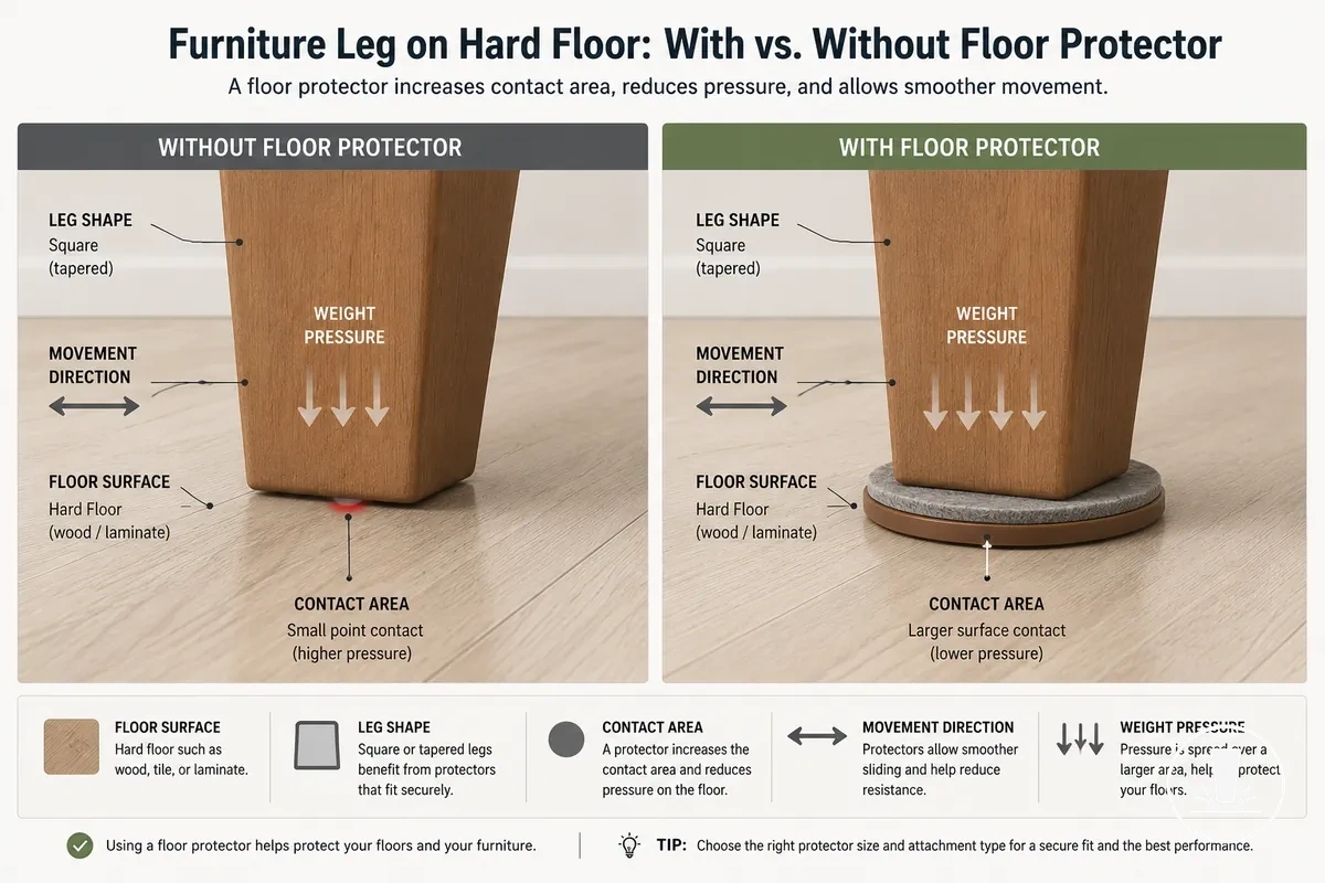Pata de mueble y protector de suelo anotados que muestran superficie del suelo, área de contacto, movimiento y factores de ajuste