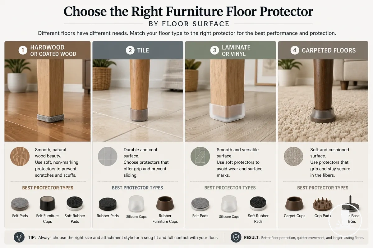 Comparación de condiciones de la superficie del suelo antes de seleccionar un protector de suelo para muebles
