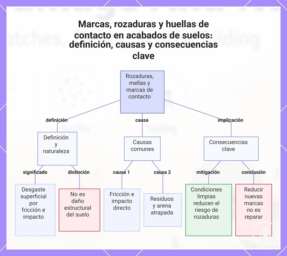 Marcas, rozaduras y huellas de contacto en acabados de suelos: definición, causas y consecuencias clave