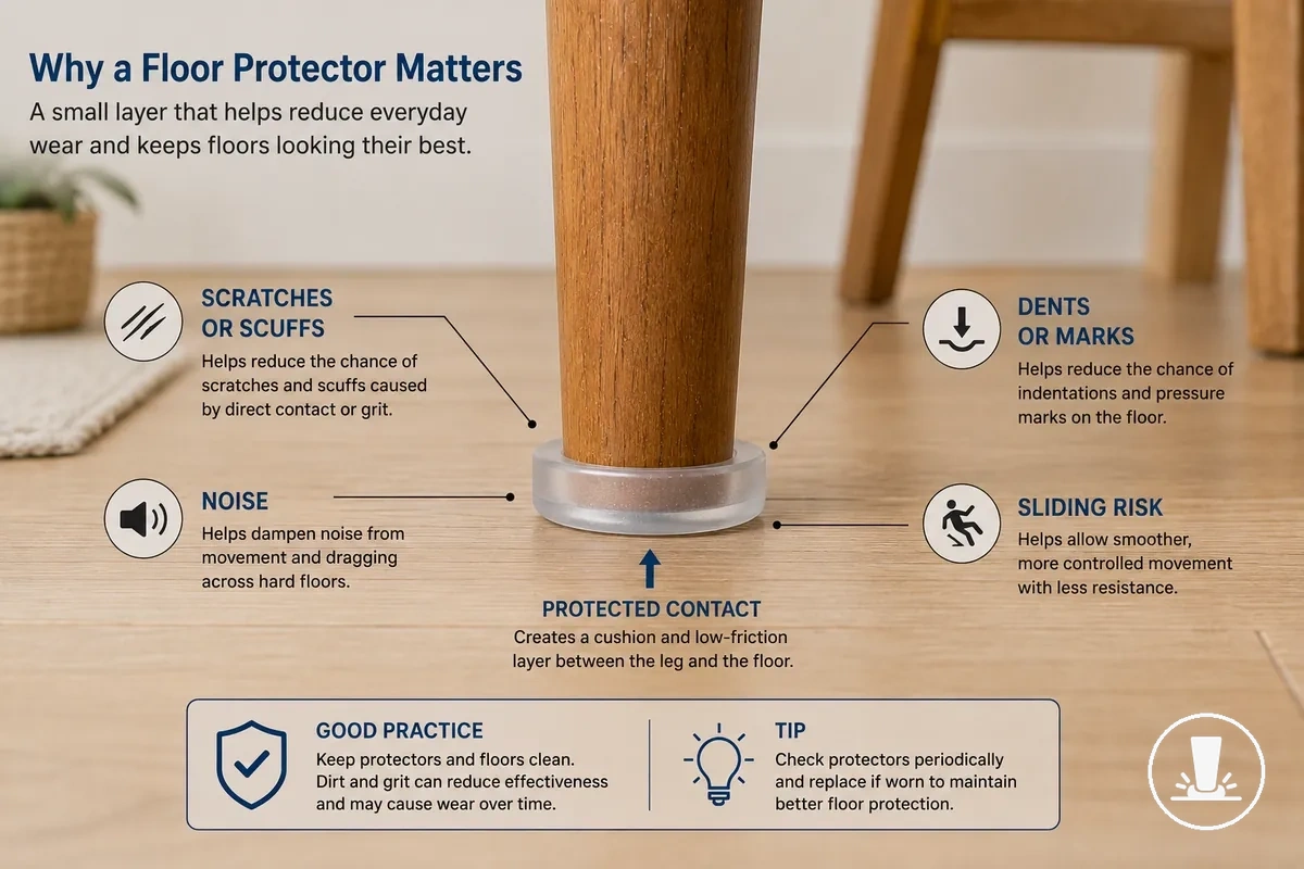 Protector de suelo para muebles bajo una pata de silla con indicaciones de arañazos, abolladuras, ruido y riesgo de deslizamiento