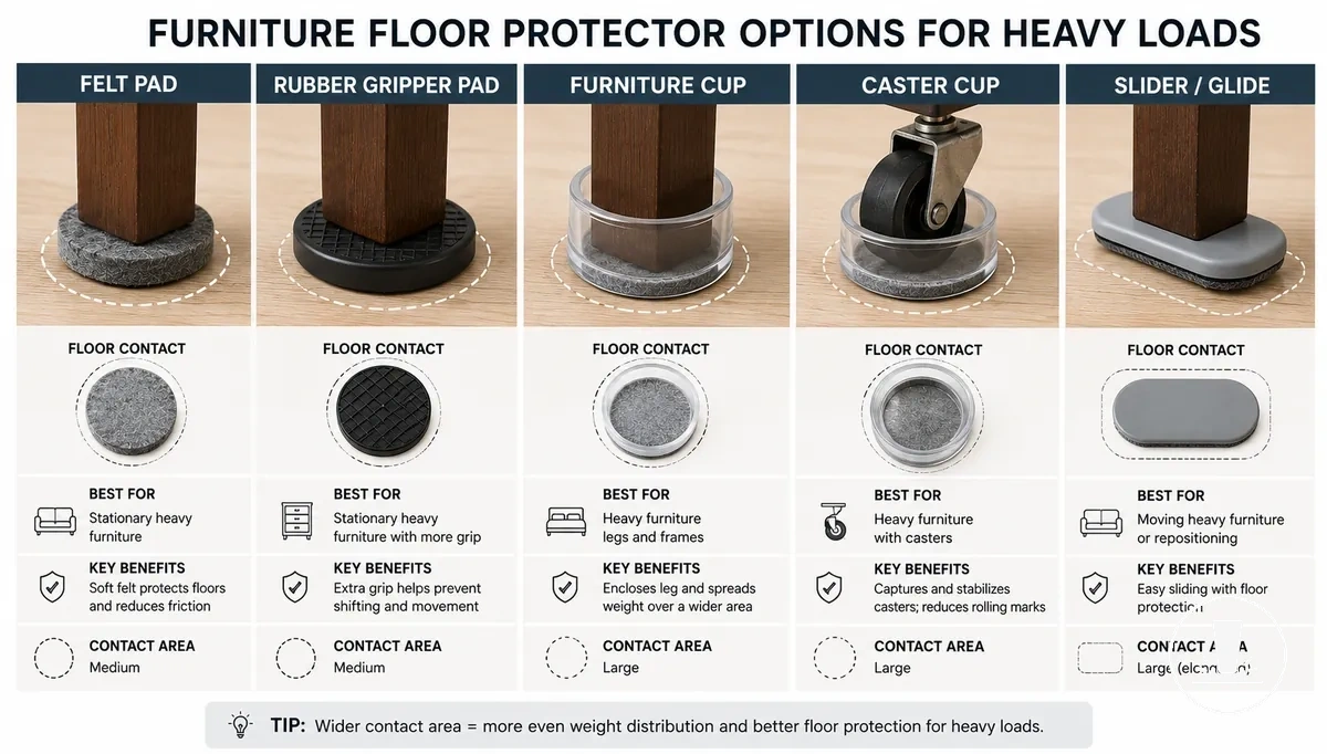 Diferentes tipos de protectores para cargas de muebles pesados mostrados lado a lado