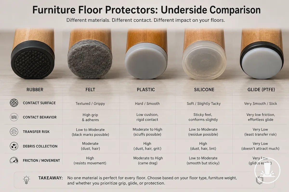 Protectores de muebles de goma, fieltro, plástico y deslizadores que muestran diferentes superficies de contacto con el suelo