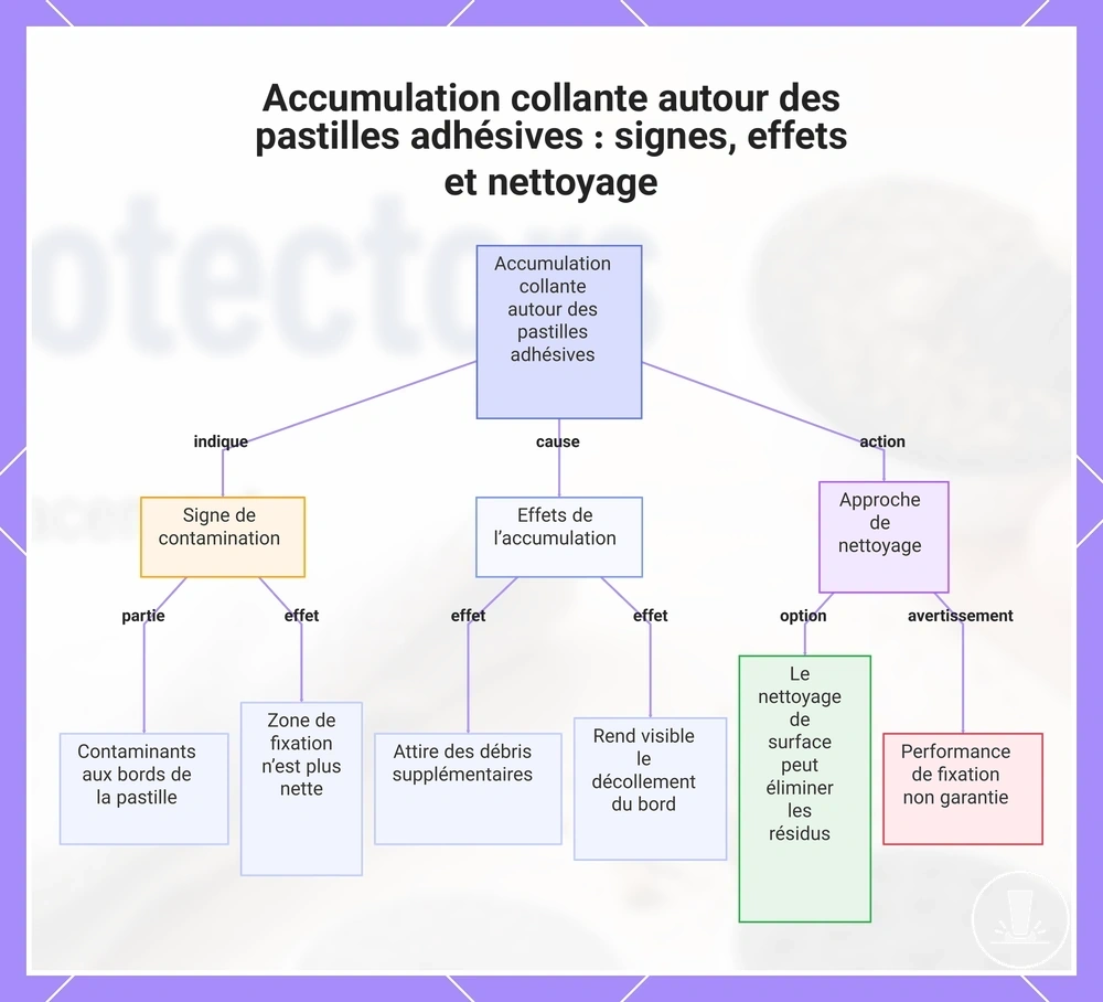 Accumulation collante autour des pastilles adhésives : signes, effets et nettoyage