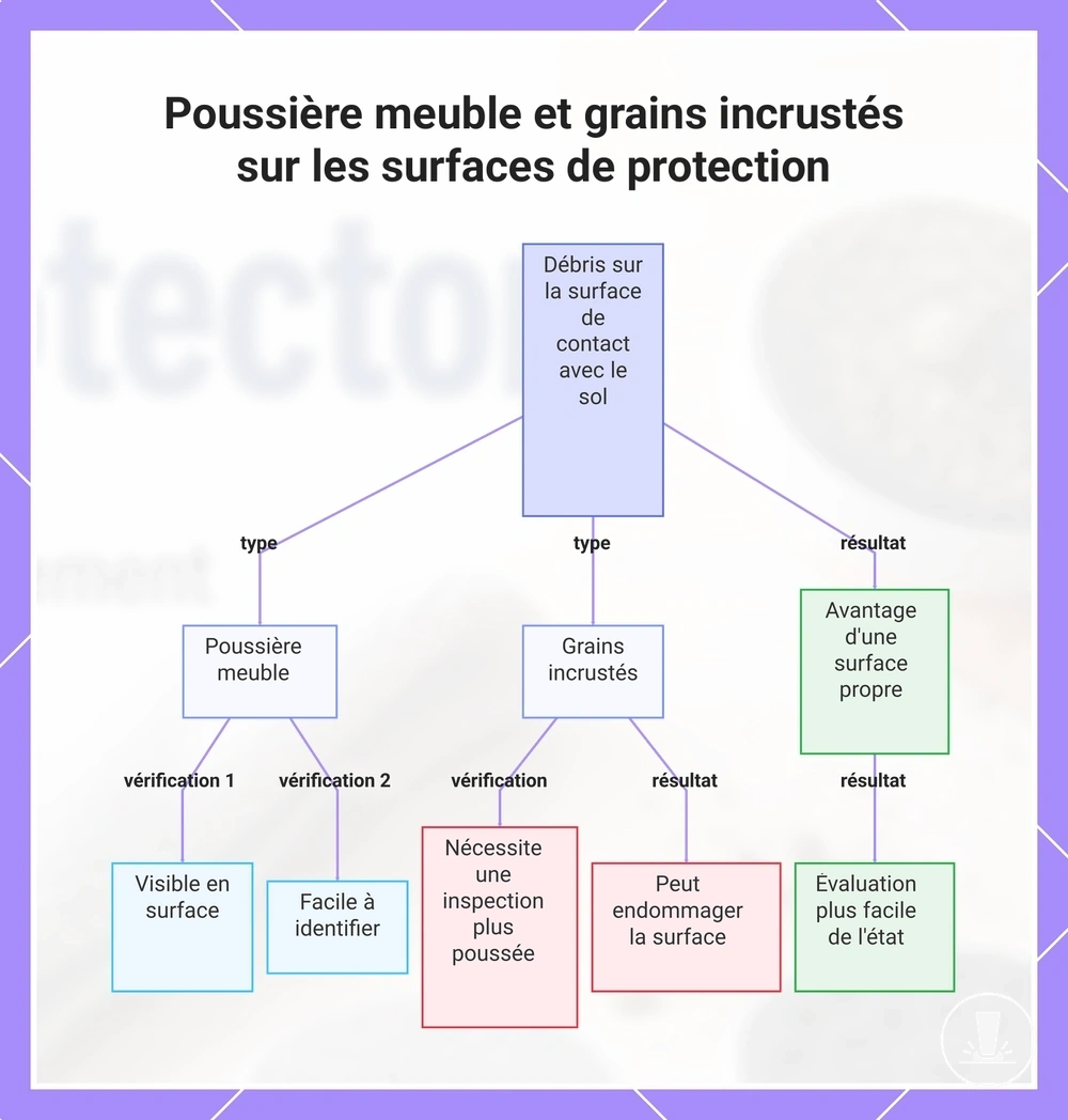 Poussière meuble et grains incrustés sur les surfaces de protection