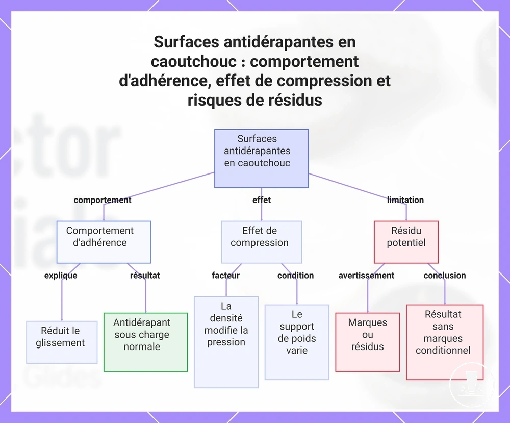 Surfaces antidérapantes en caoutchouc : comportement d'adhérence, effet de compression et risques de résidus