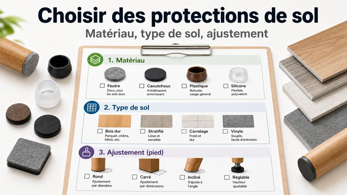 Liste de sélection pour choisir des protections de sol pour meubles selon le matériau, le type de sol et l’ajustement du pied.