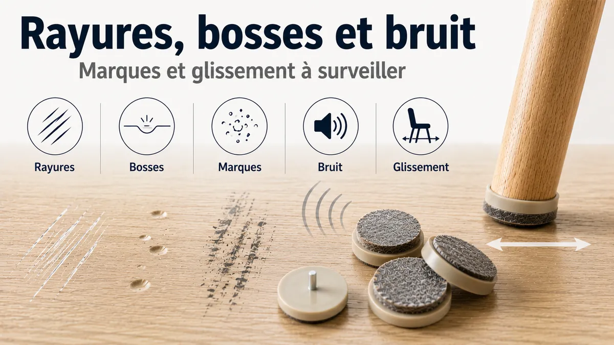 Protections de sol pour meubles utilisées pour réduire les rayures, bosses, marques, bruits et glissements sur les sols.