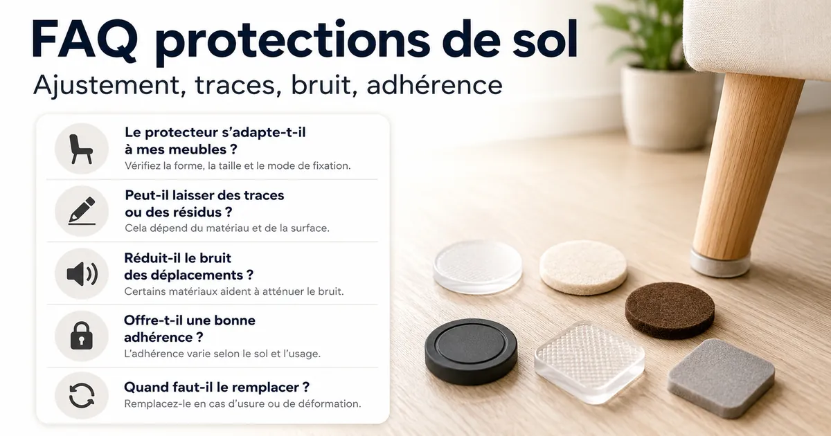 Questions sur les protections de sol pour meubles concernant l’ajustement, les traces, le bruit, l’adhérence et le remplacement.