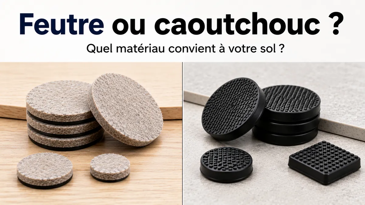 Protections de sol pour meubles en feutre et en caoutchouc présentées côte à côte pour comparer les matériaux.