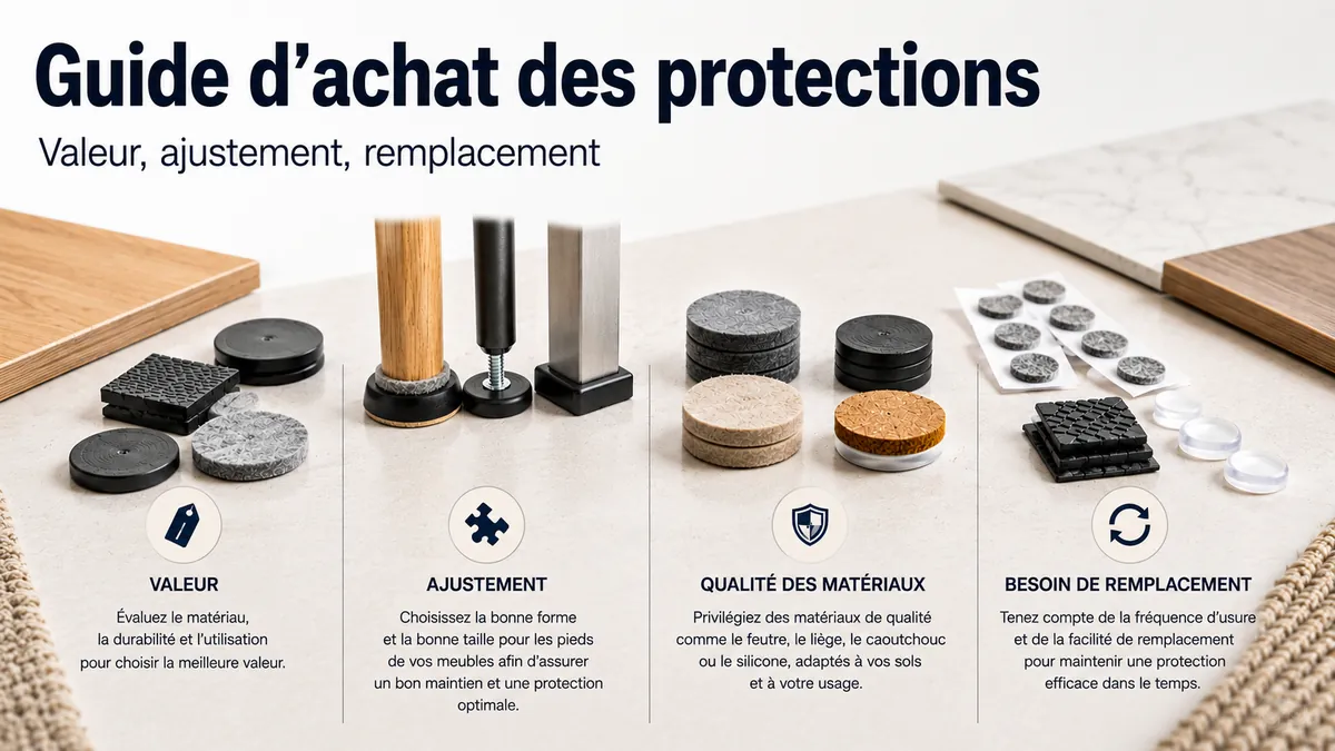 Protections de sol pour meubles organisées selon la valeur, l’ajustement, la qualité du matériau et les besoins de remplacement.