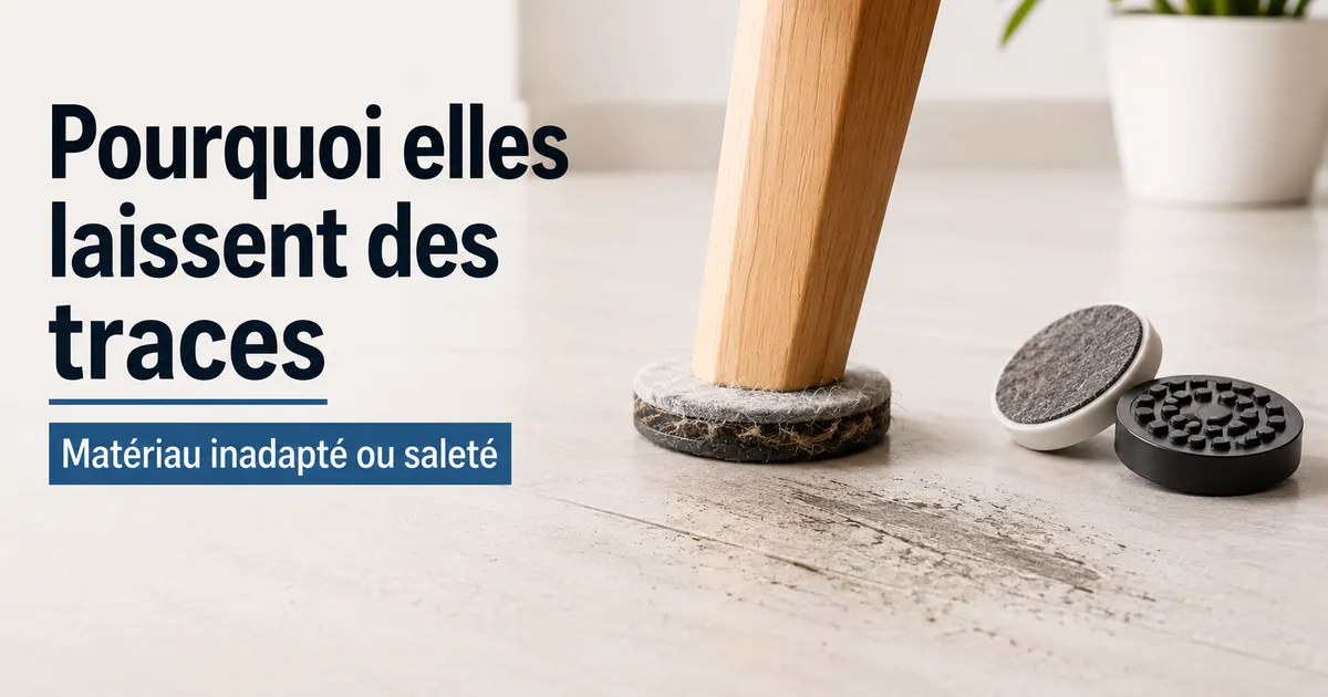 Protections de sol pour meubles et traces visibles causées par un matériau inadapté ou une accumulation de saleté.