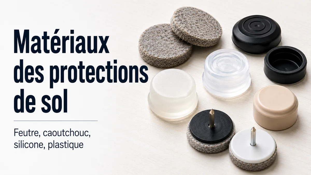 Gros plan sur des protections de sol pour meubles en feutre, caoutchouc, silicone, plastique et de type glisseur.
