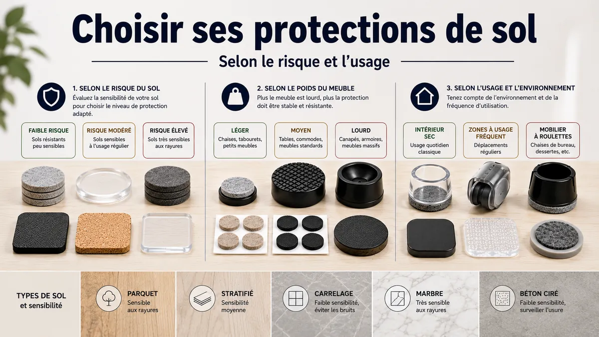 Options de protections de sol pour meubles regroupées par risque pour le sol, poids du meuble et usage.