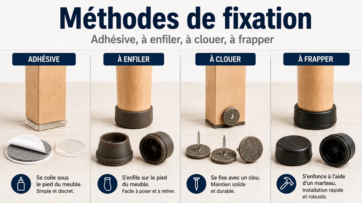 Protections de sol pour meubles adhésives, à enfiler, à clouer et à frapper présentées par méthode de fixation.