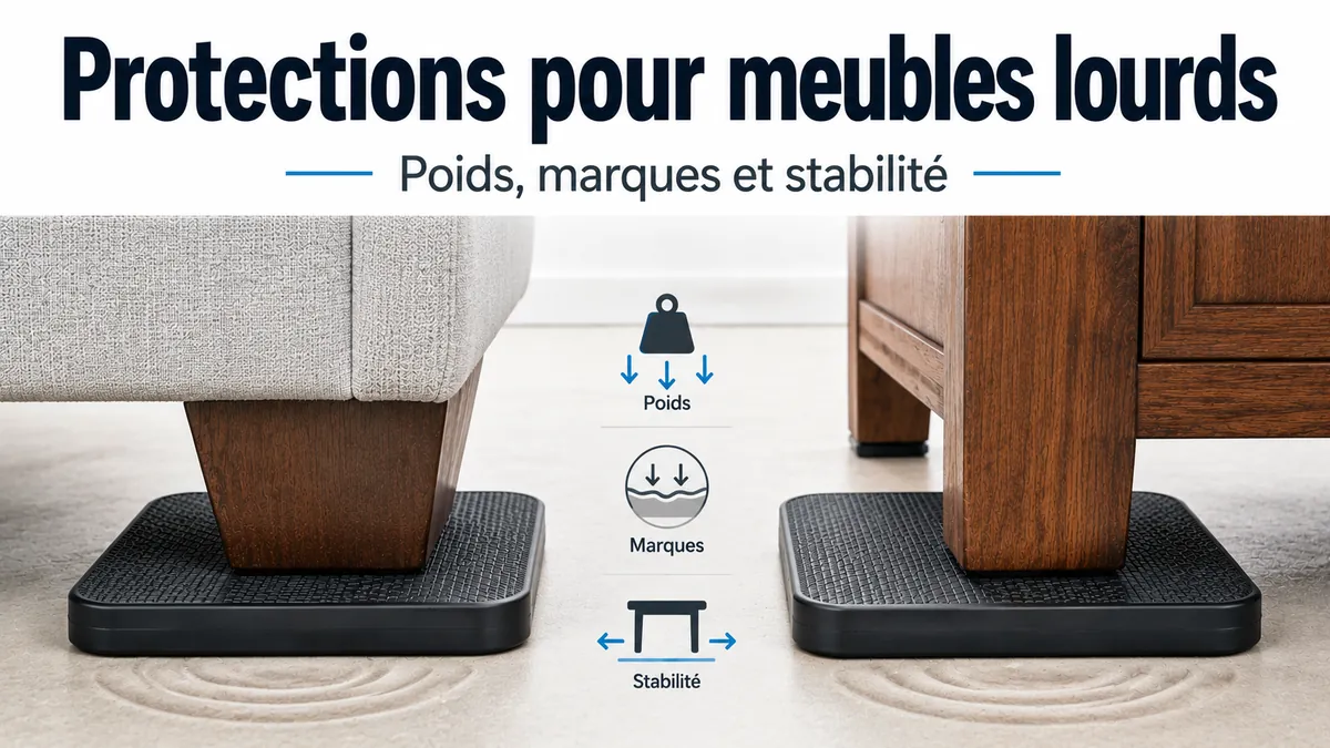 Protections de sol pour meubles lourds placées sous de larges pieds afin de réduire les marques et d’améliorer la stabilité.