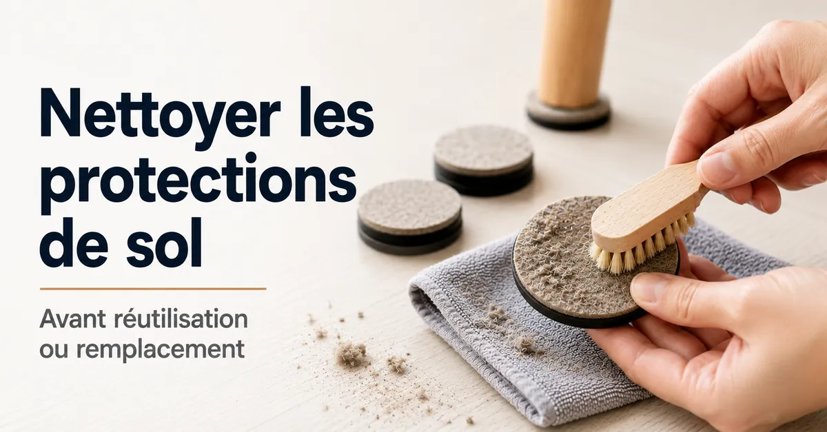 Nettoyage de la poussière et des débris sur des protections de sol pour meubles avant réutilisation ou remplacement.