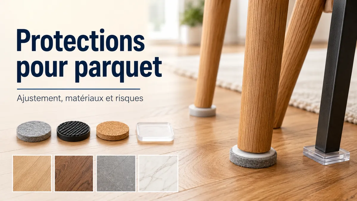 Protections de sol pour meubles installées sous des pieds de meuble sur une surface en bois.