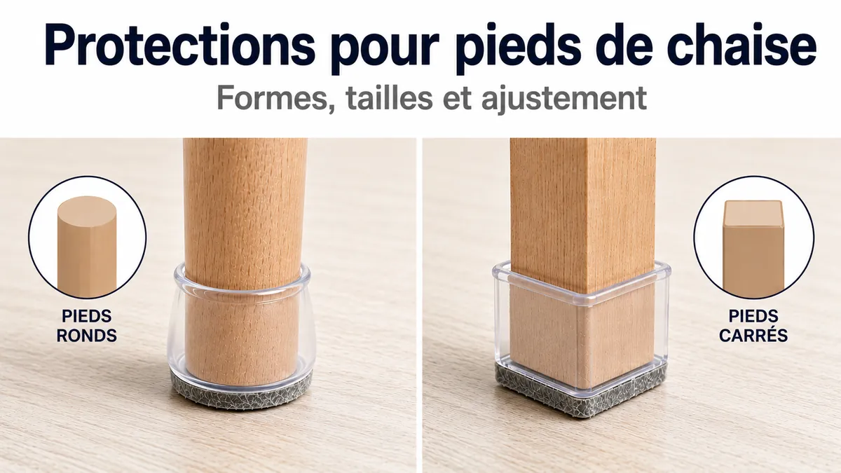 Protections de sol pour pieds de chaise adaptées à des pieds de meuble ronds et carrés.