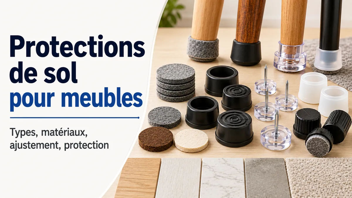 Différentes protections de sol pour meubles avec patins, embouts, glisseurs et matériaux en contact avec le sol.