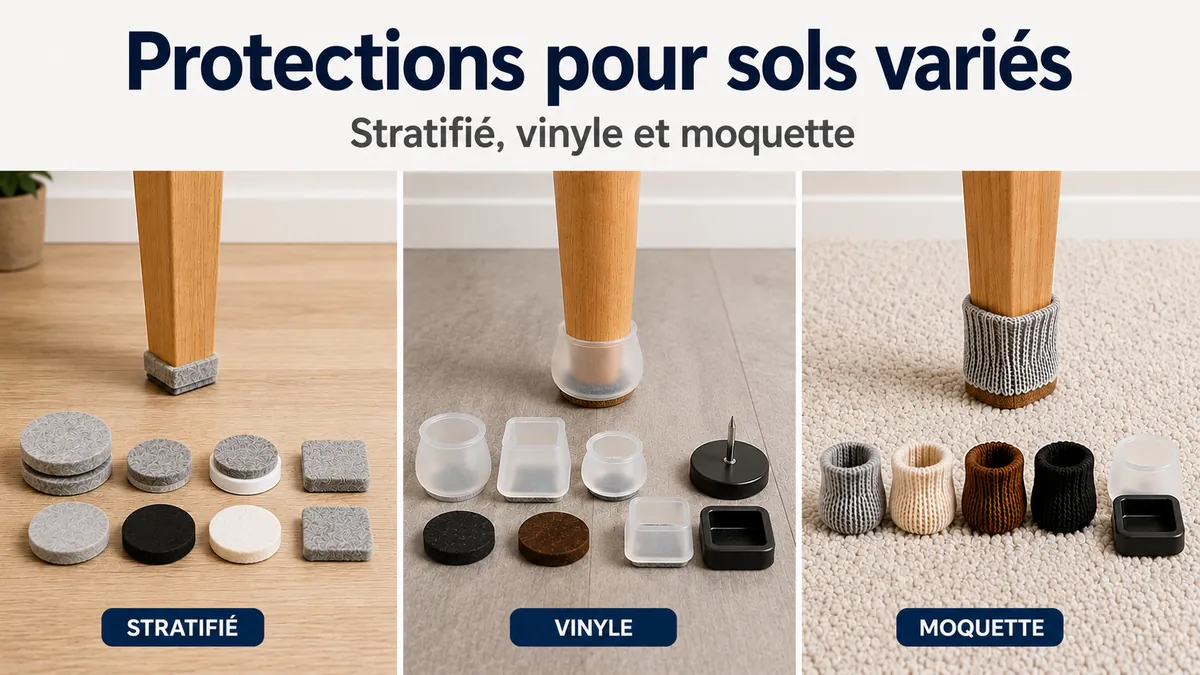 Protections de sol pour meubles présentées sur des surfaces stratifiées, vinyles et moquettées.